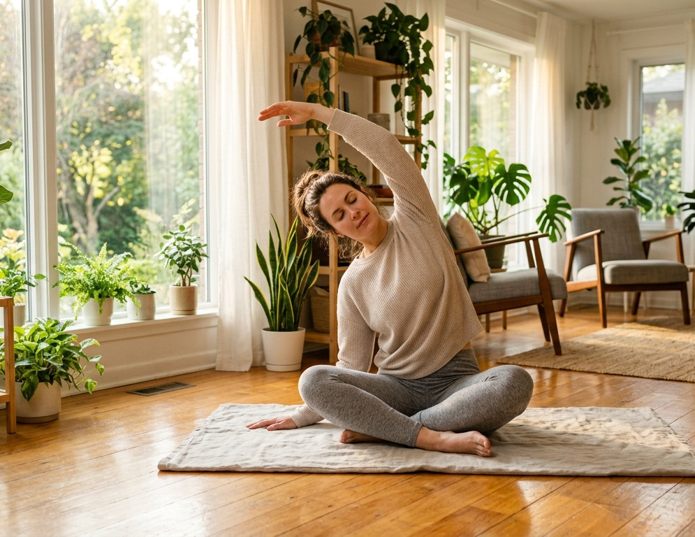 Persona che fa stretching leggero in un ambiente domestico luminoso con piante e luce mattutina